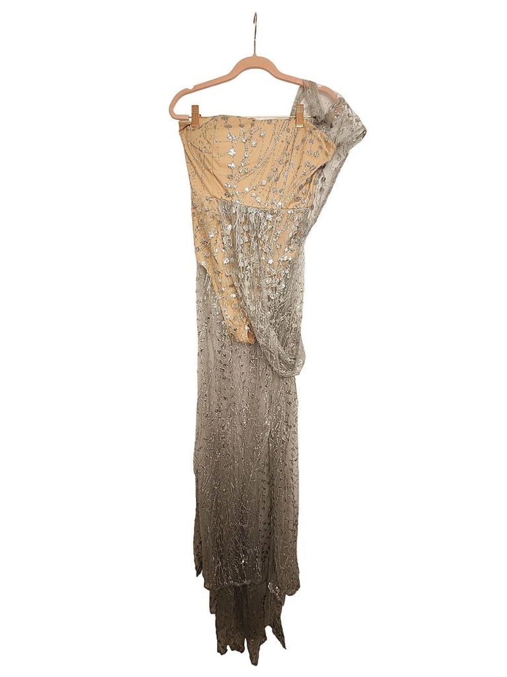 Split Silver Sequin Maxi Dress with Nude Bodysuit, Medium - Picture 4 of 10